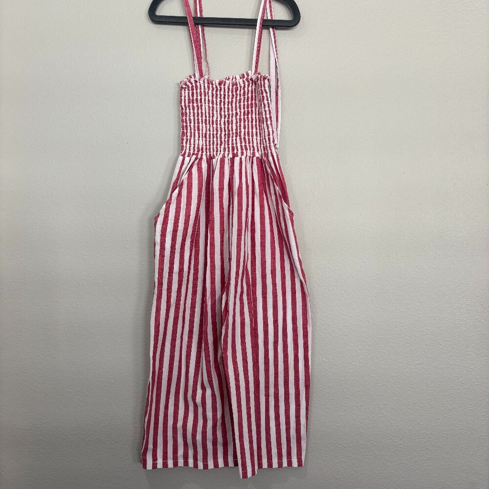 Knotted Fern red and white strip wide leg jumpsuit, smocked top, shoulder ties